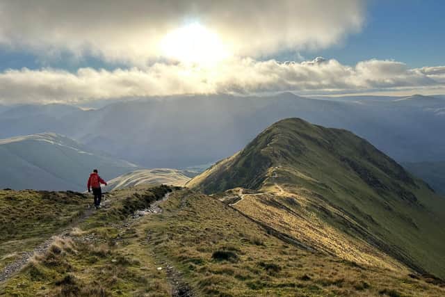 Steve Harrison on Whiteless Pike Ridge, Lake District. as he becomes the first UK transplant patient to climb all 214 peaks in Alfred Wainwright's famous Lake District guide books.