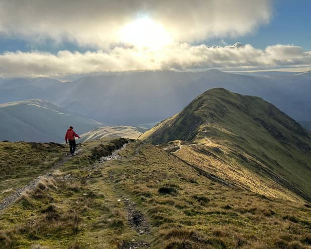 Steve Harrison on Whiteless Pike Ridge, Lake District. as he becomes the first UK transplant patient to climb all 214 peaks in Alfred Wainwright's famous Lake District guide books.