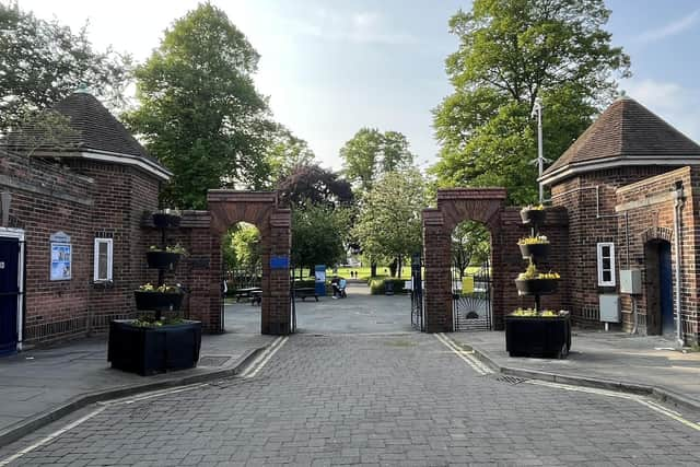 The gates to Central Park, Boston.