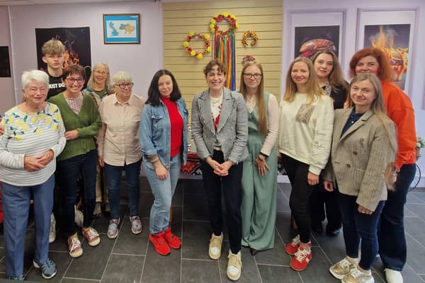 MP Victoria Atkins meets a group of Ukrainian refugees who have settled successfully in Louth.