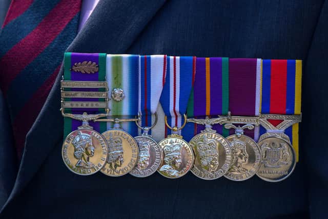 Medals on a veteran in Blackpool, Lancashire during a ceremony to mark the 40th anniversary of the Falklands War. Picture date: Sunday June 12, 2022.