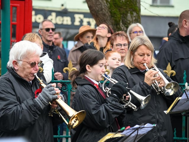 Kirton Brass Band playing at the war memorial for Remembrance Sunday.