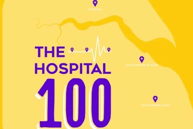 The logo for The Hospital 100 run, showing the locations of the three hospitals.