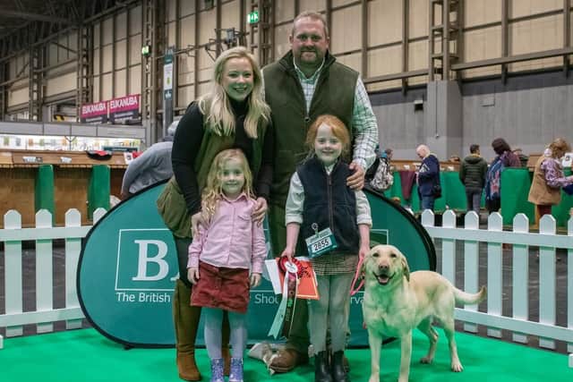 Proud family: Elodie with mum Abby, dad Tom, little sister Nancy (five) and Drift. Photo: Nigel Kirby Photography