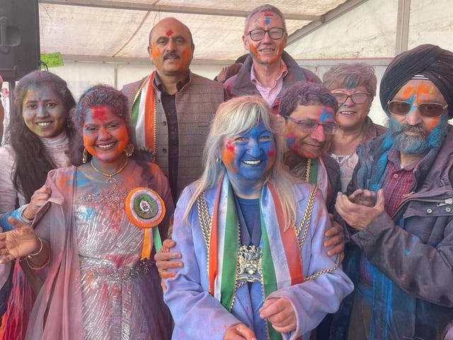 Boston Mayor, Coun Anne Dorrian got in on the colour play action, along with United Lincolnshire Hospitals NHT Trust chief executive Andrew Morgan, pictured, back row, right.