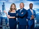 Sir Alan Sugar flanked by fellow Apprentice judges Baroness Brady and Tim Campbell
