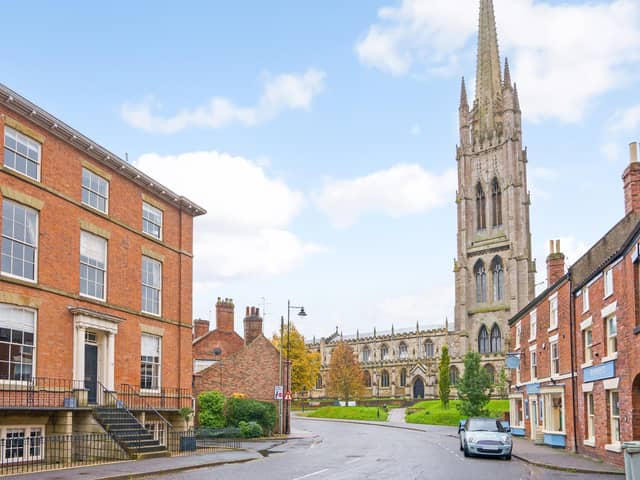 The property in Bridge Street, Louth, with St James' Church in the background.