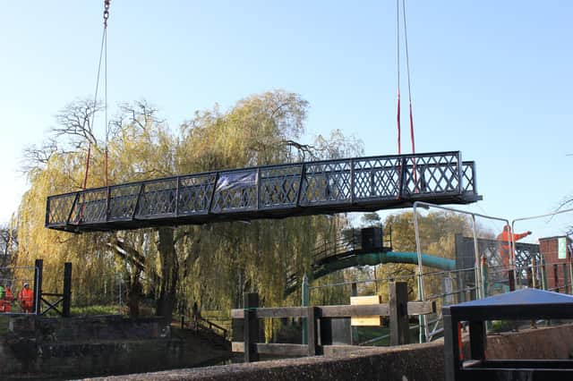 Saxilby footbridge, which crosses the Fossdyke, is back in its place after its refurbishment