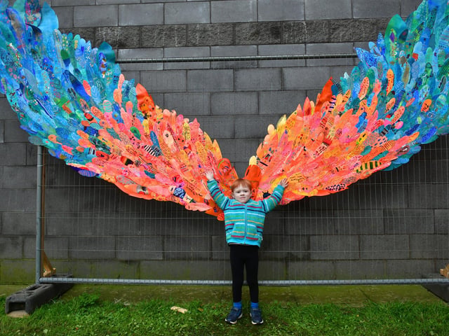 Ethan Mowatt, 4, loved the Spread Your Wings selfie spot at RiverLight Festival on Eastgate Green, created by Ruth Burrows and Hannah Price.