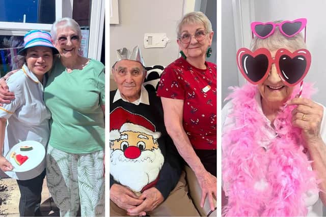 Rita Young, of Boston's Elmwood House care home, pictured (left) with head of housekeeping Lai Lattimore, (centre) with resident Eric Limb. and (right) in fancy dress.