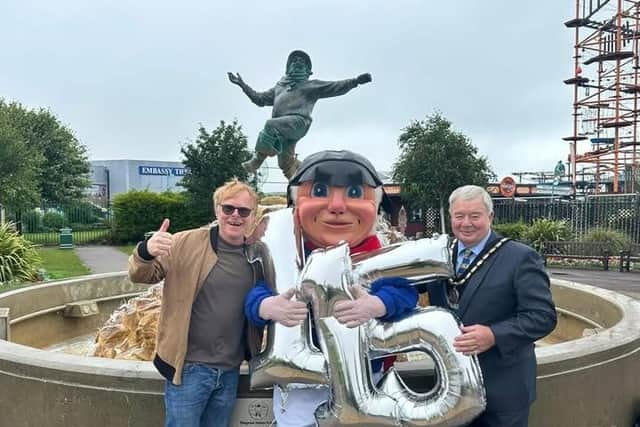 The Jolly Fisherman on his 115th birthday with John Byford (left) and former Mayor Coun Pete Barry.