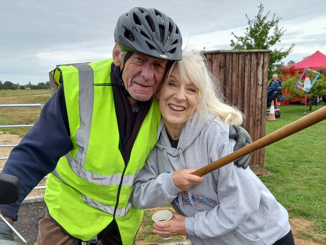 One of the riders at the event gets a supportive cuddle from the hospice’s chief executive Bridget Macpherson.