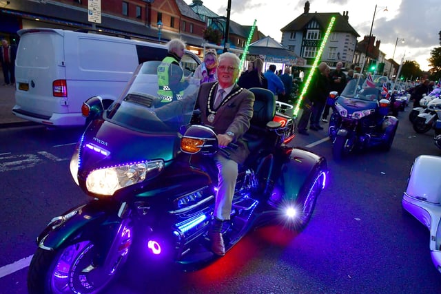 Mayor of Skegness Coun Tony Tye takes a front seat for the parade.