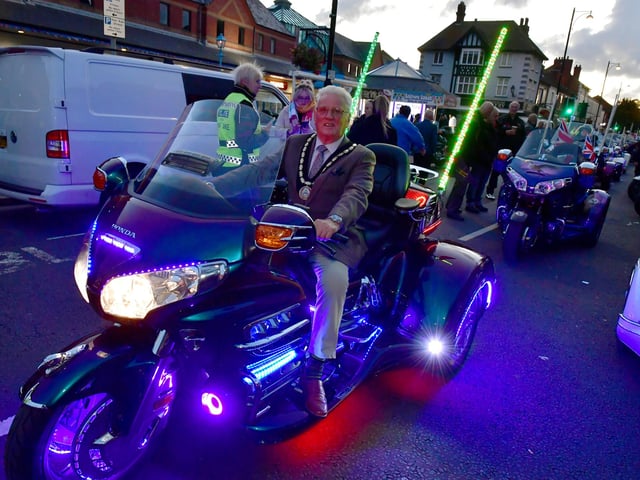Mayor of Skegness Coun Tony Tye takes a front seat for the parade.