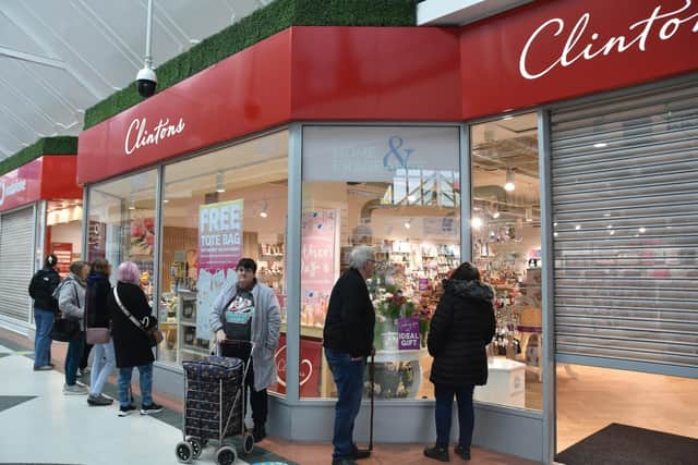 Customers queuing outside the new Clintons store in the Hildreds Centre, Skegness.