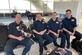 Pictured in Birmingham airport on the way to Turkey are, from left: Neil Woodmansey with Colin the dog, Colin Calam, Ashley Hildred, and Mark Dungworth.