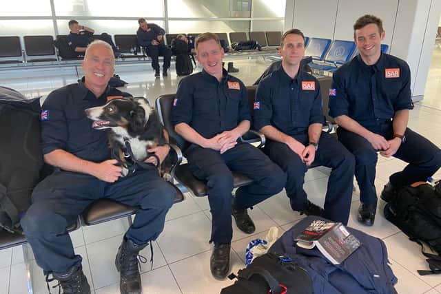 Pictured in Birmingham airport on the way to Turkey are, from left: Neil Woodmansey with Colin the dog, Colin Calam, Ashley Hildred, and Mark Dungworth.
