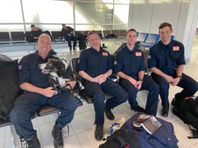 Pictured in Birmingham airport on the way to Turkey are, from left: Neil Woodmansey with Colin the dog, Colin Calam, Ashley Hildred, and Mark Dungworth.