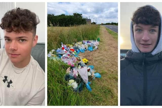 Floral tributes to Will Ray (left) and Eddie Shore (right) laid near the scene of the crash on the A17 at North Rauceby last year.