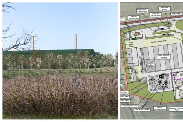 A design visualisation of the Stream Bioenergy plant at Anwick and a proposed layout of the site including new access routes for vehicles from the A153 and the Moy Park factory. Image: Stream Bioenergy UK