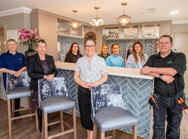 From left back: Jenny Wylka-Bowditch-senior carer, Joanne Creasey-Head Housekeeper, Tia Kulezich-senior carer, Ginny Smith-second chef, and Ian Briggs- Maintenance
Front from left: Caroline Monaghan-senior carer, Hazel Whittaker- Registered Manager, and Julie Kulezich- administrator.