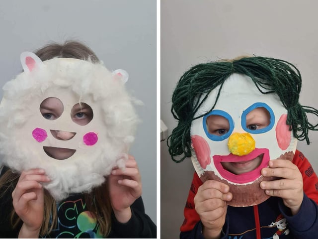 Two of the masks made by Lithuanian children in Boston for the upcoming festival.