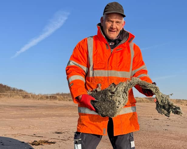 Derrick Whitworth from ELDC  Street Scene on Skegness beach viewing the debris.