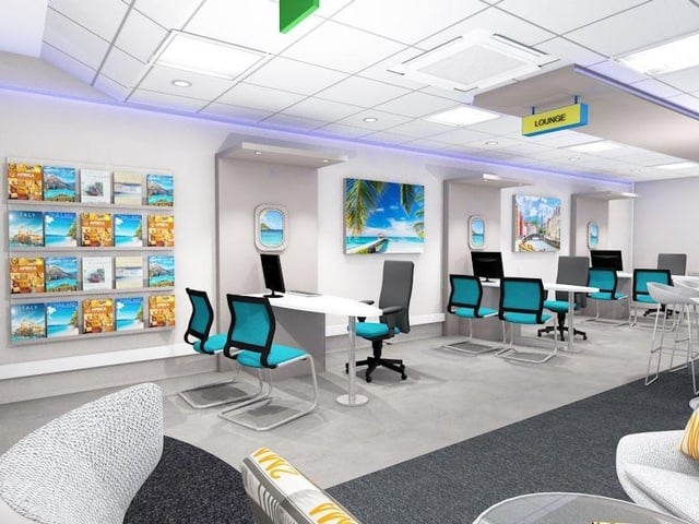 Signs saying 'lounge' and 'departure' hang from the ceiling.