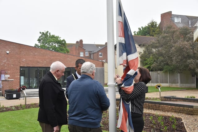 The Union Flag in Tower Garden, Skegness,  is lowered.