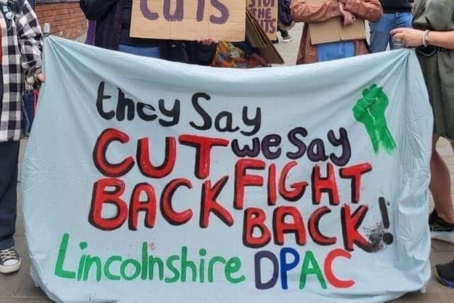 One of the banners that has been created by the campaign group, Lincolnshire Disabled People Against Cuts.