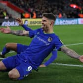 Gavan Holohan celebrates for Grimsby Town in the FA Cup at Southampton in 2023.