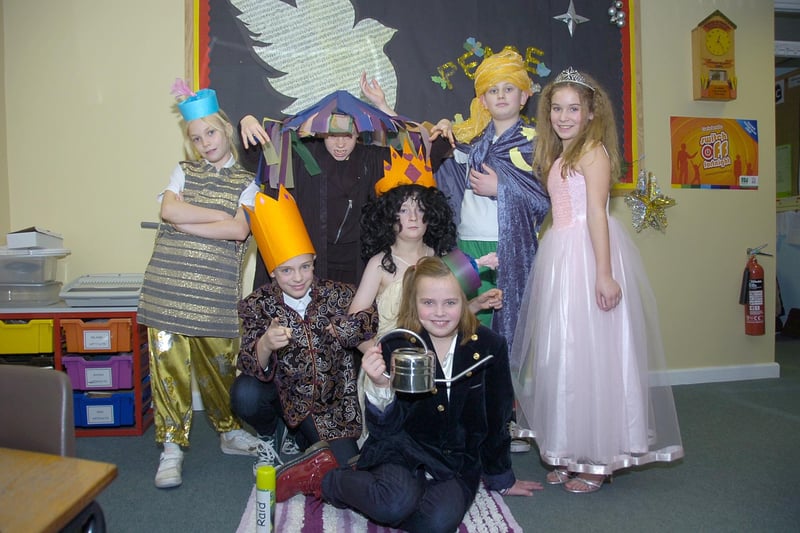 Kirkby La Thorpe School’s Year Six pantomime of 2013, Aladdin. Pictured (from left, back) Lauren Cope, 10, Katie Lancaster, 10, Sam Warrener, 10, Ellie Hipworth, 10, and (front) Thea Kennedy, 10, Molly Backhouse, 10, and Samuel Laird, 10.