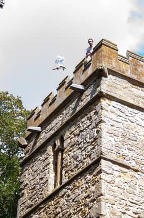 Teddy Bear parachuting from Cadney Church