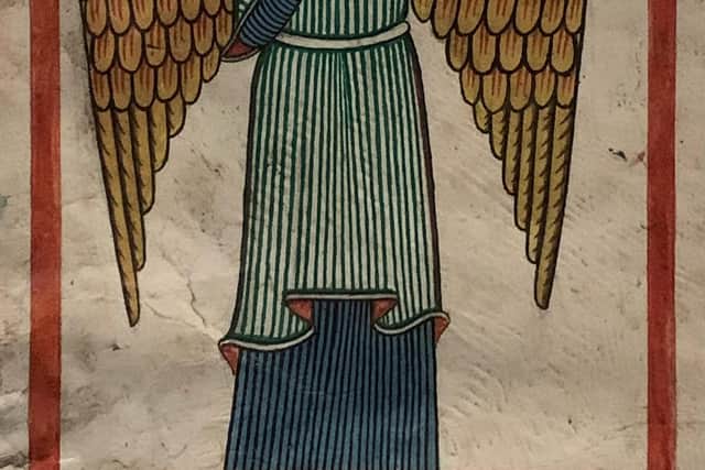 One of the Angels of South Thoresby, an Ethiopian Coptic Angel mineral pigment painted on goat skin.
