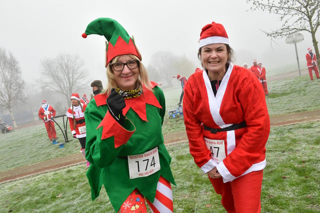 'Elf' Fiona Wrisberg and 'Santa' Claire Ashley prepare for the run.