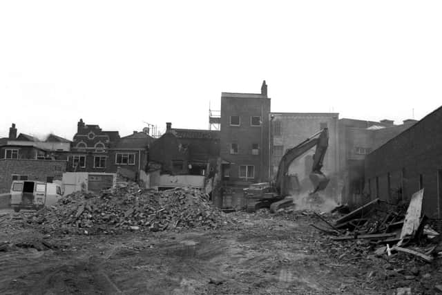 There was a building ‘blitz’ on Boston’s Strait Bargate 30 years ago as major building works got under way. The frontages of a Strait Bargate block that once housed Fosters, Preedy and Wakefields survived, but bulldozers demolished a huge area at the back in preparations for redevelopment.