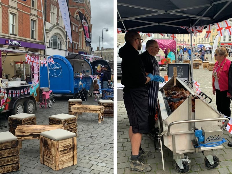 Some of the food stalls at the Food Fest, with the Mayor of Boston Coun Helen Staples paying a visit to one of them.