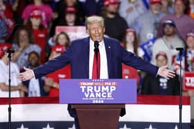 Donald Trump speaks during a campaign rally at Van Andel Arena in Grand Rapids, Michigan on November 5 2024.