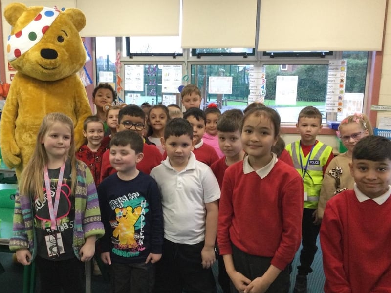 Members of Year Two's Franklin class with Pudsey.