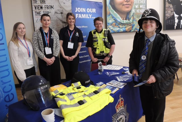 St George's student Stanley Sharples, 15, visits the Lincolnshire Police stand, with, from left - Amy Lindley, Sophie Harrison, Claire Conwell and Pc Sarah Kennedy.