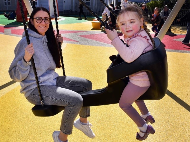 Mum Zoe Rousell and 4yr old Zara McBroom enjoy the swing.