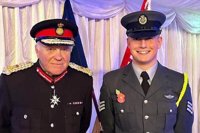 Cadet Sergeant Thomas Wright with Lord Lieutenant Toby Dennis. Image: Flt Lt J Webster RAFAC