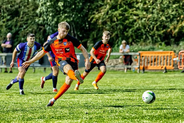 Harry Limb converts from the penalty spot at Ashby Ivanhoe. Photo: Steve Davies.