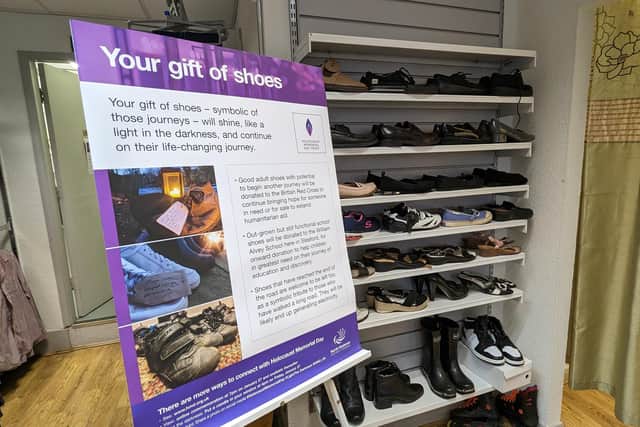 Some of the shoes displayed for sale at Sleaford’s British Red Cross shop, from where proceeds will support humanitarian work.