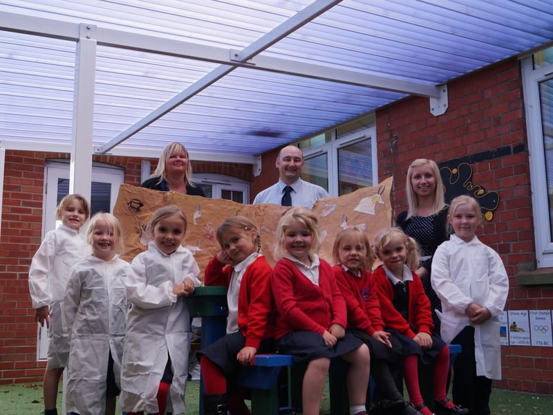 The new outdoor classroom at Legsby Primary School. Pictured with Year Two pupils are teaching assistant Sara South, headteacher David Miskell, and administrator Jayne Dean.