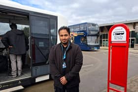 Hariharasudhan Akhil, a robotics engineer at Ohmio, with a self-driving bus at the 2026 Lincolnshire Exhibition Credit: LDRS