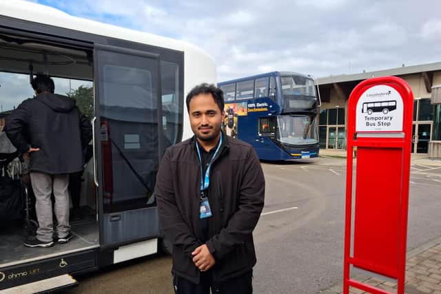 Hariharasudhan Akhil, a robotics engineer at Ohmio, with a self-driving bus at the 2026 Lincolnshire Exhibition Credit: LDRS