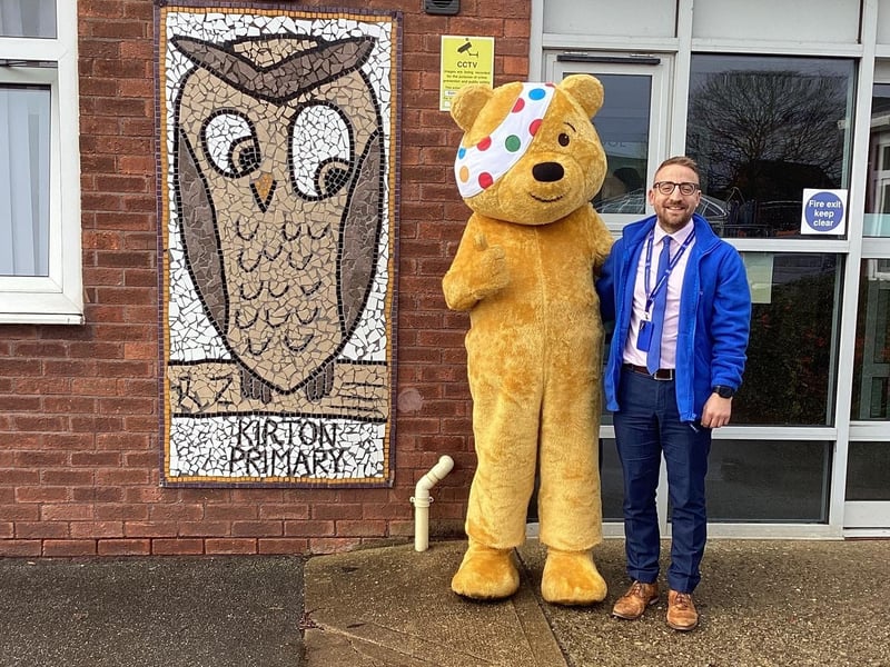 Kirton Primary School headteacher Marc Neall with Pudsey.