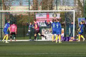 Javelle Clarke (out of shot) opens the scoring for Gainsborough at Stockton. Photo by Harry Cook.
