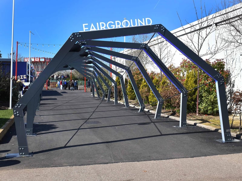 The entrance to the new fairground at Butlin's in Skegness which lights up at night.